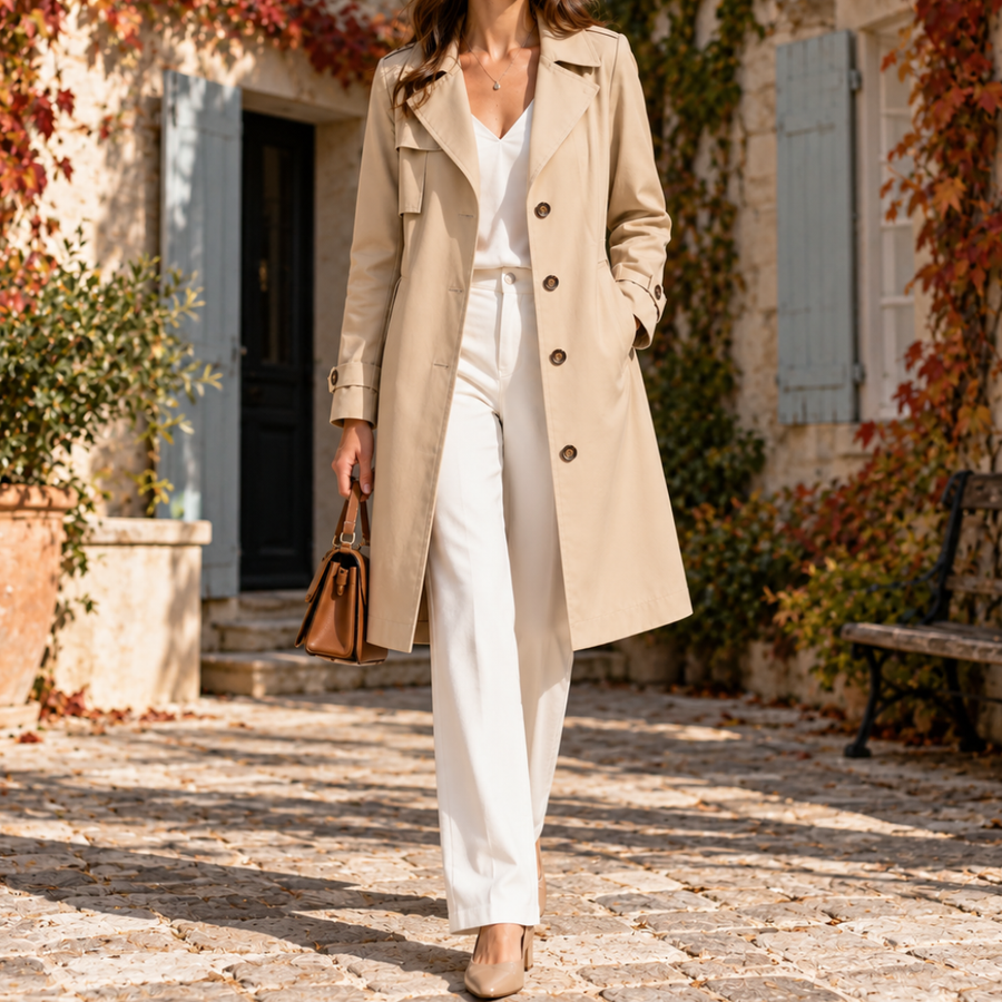 Trench donna beige monopetto con bottoni marroni e ampio revers, indossato con pantaloni bianchi