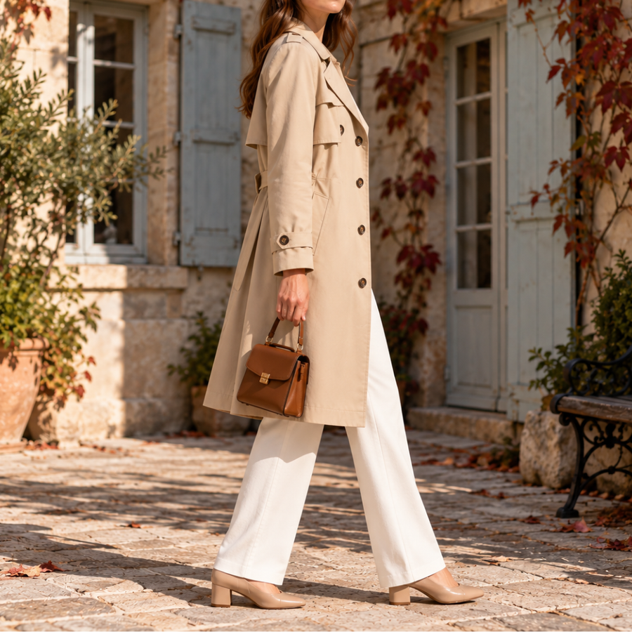 Trench beige da donna visto di lato, cinturini ai polsi e spacco frontale