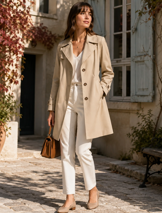 Trench donna beige con revers ampio, bottoni frontali e tasche laterali