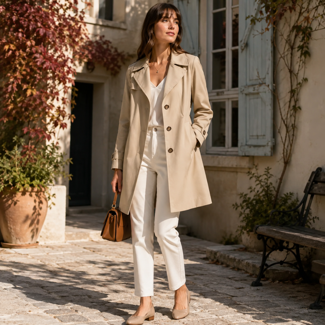 Trench donna beige con revers ampio, bottoni frontali e tasche laterali