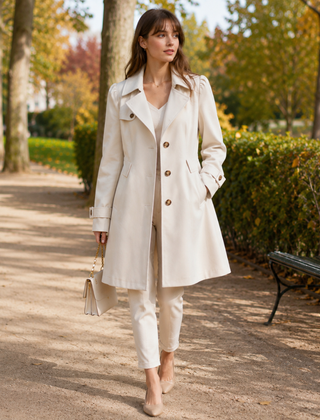 Trench donna bianco monopetto con collo a revers e polsini con cinturino