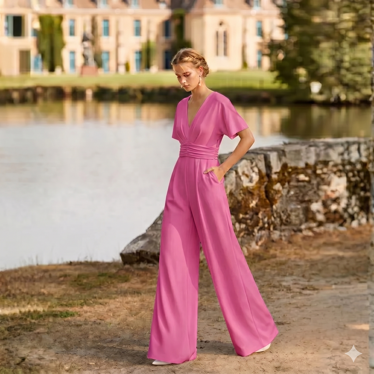 Tuta rosa donna a gamba larga con scollo a V e maniche kimono corte