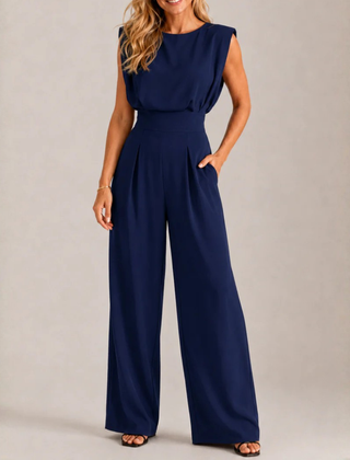 Tuta donna blu navy con girocollo, vita alta e gamba larga