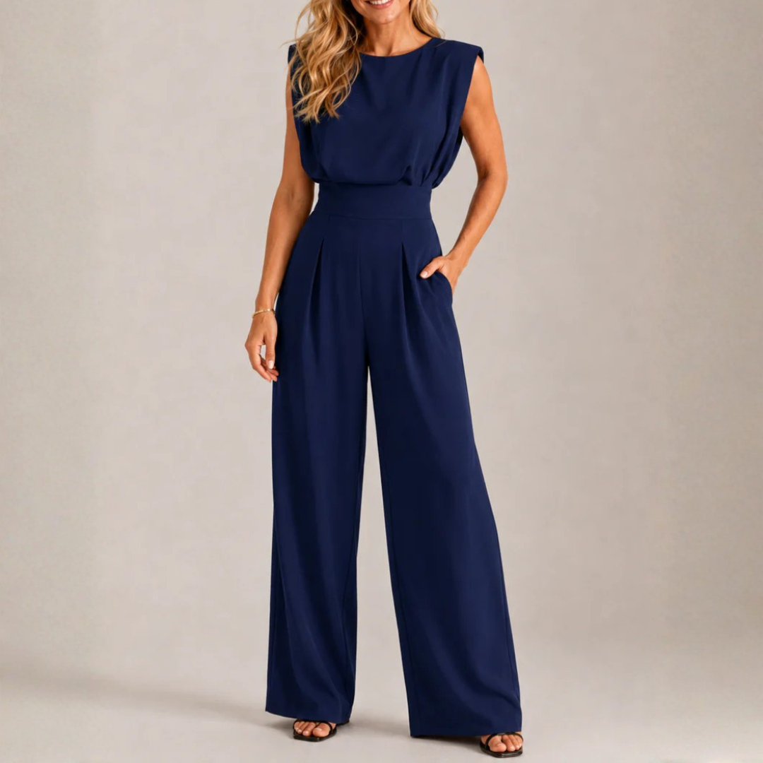 Tuta donna blu navy con girocollo, vita alta e gamba larga