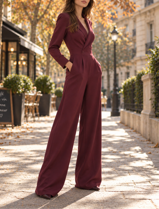 Tuta donna a gamba larga bordeaux con scollo a V e tasche laterali