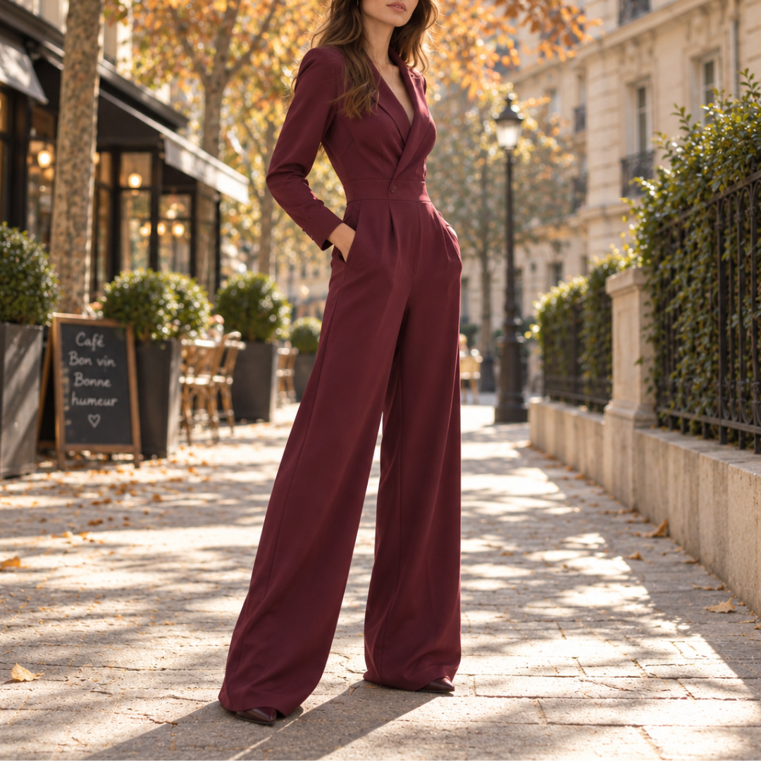 Tuta donna a gamba larga bordeaux con scollo a V e tasche laterali