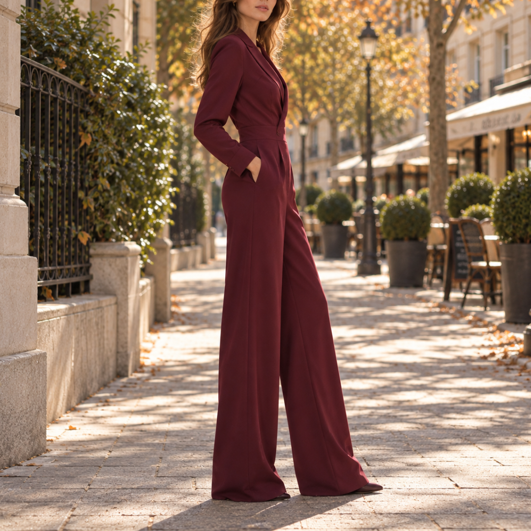 Tuta donna a gamba larga bordeaux vista di profilo con pantalone ampio