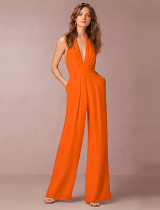 Tuta donna arancione con scollo a V profondo e pantalone lungo ampio