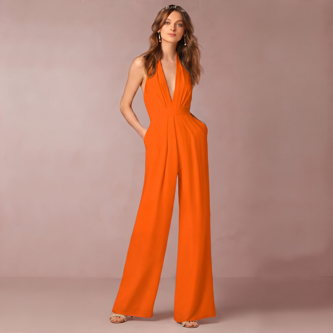 Tuta donna arancione con scollo a V profondo e pantalone lungo ampio