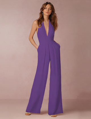 Tuta donna lilla con scollo a V profondo e pantalone dalla gamba ampia