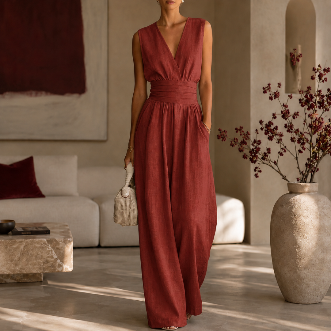 Tuta rossa donna senza maniche con fascia drappeggiata e pantaloni ampi