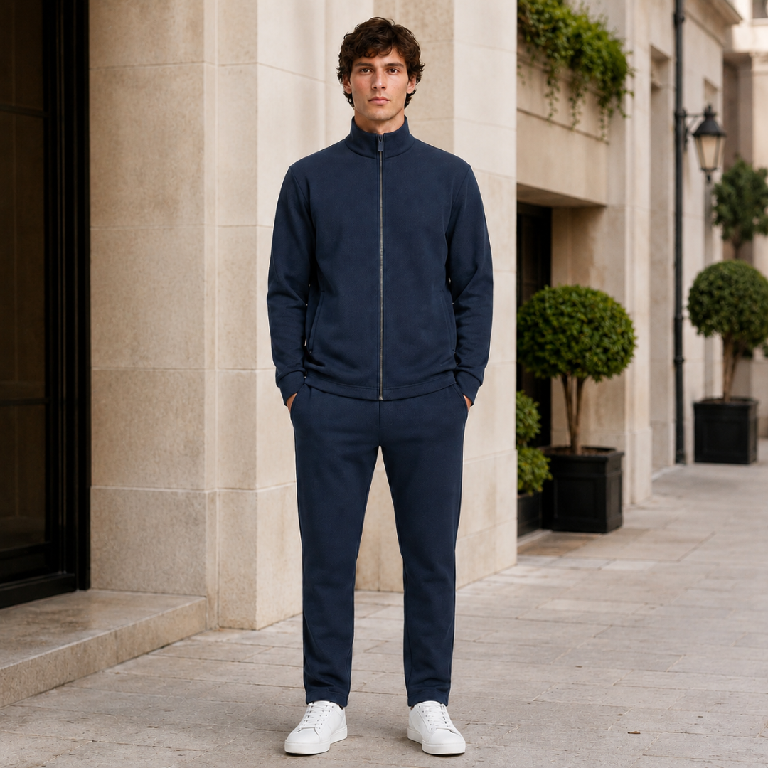 Tuta sportiva uomo blu navy con giacca a collo alto e zip integrale