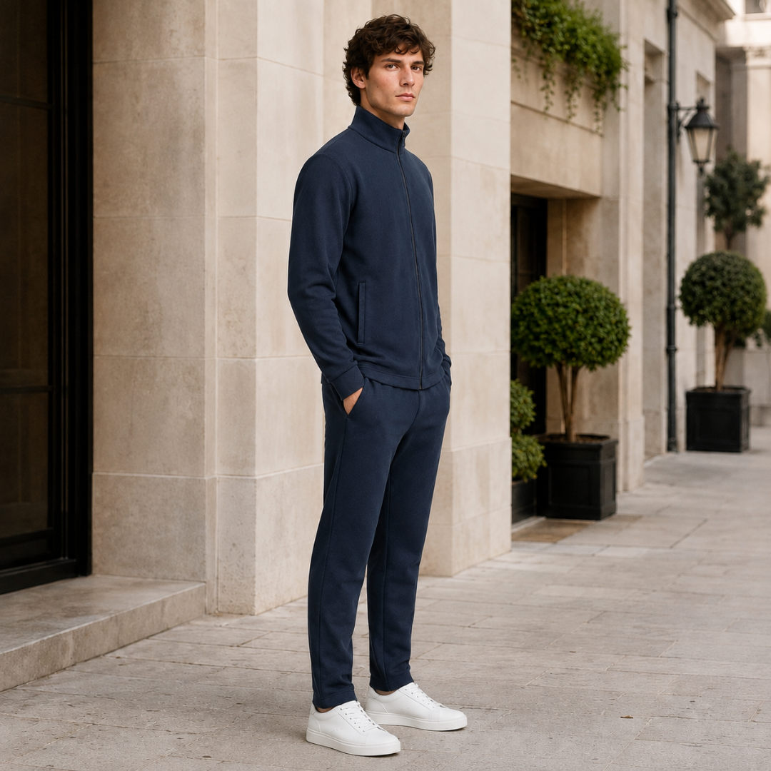 Profilo della tuta blu navy con tasca laterale e zip integrale