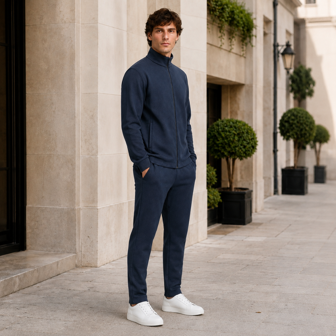 Completo blu navy due pezzi abbinato a sneakers bianche in strada