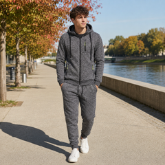 Tuta sportiva uomo grigia con zip integrale e cursori a contrasto gialli