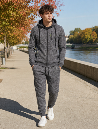Tuta sportiva uomo grigia con zip integrale e cursori a contrasto gialli