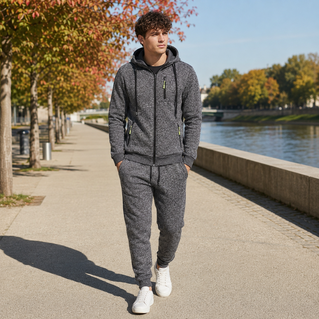 Tuta sportiva uomo grigia con zip integrale e cursori a contrasto gialli