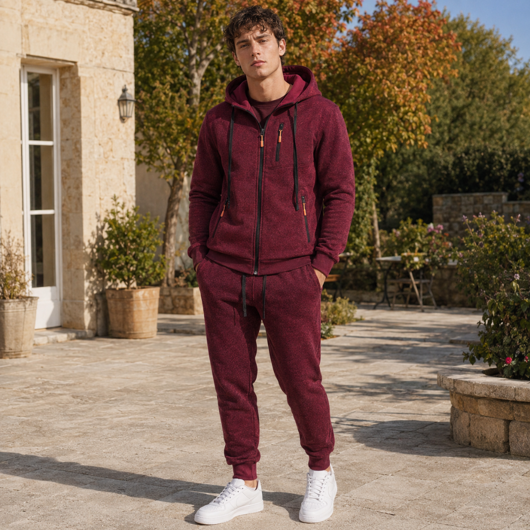 Tuta sportiva uomo rosso scuro con cappuccio, zip e tasche frontali