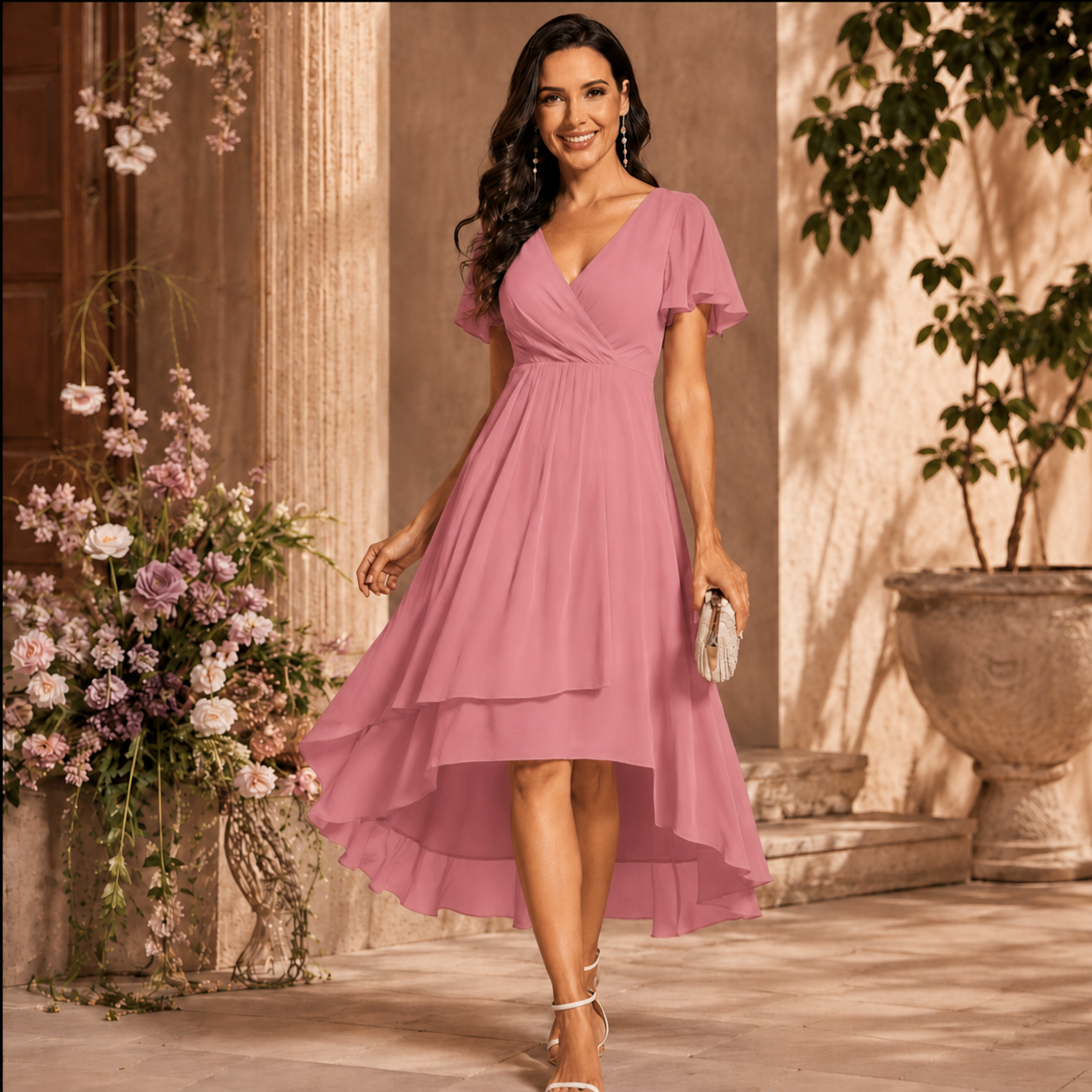 Vestito rosa pesca con scollo a V incrociato e gonna a due strati