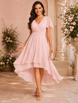 Vestito rosa chiaro con scollo a V incrociato e ampia gonna a due balze