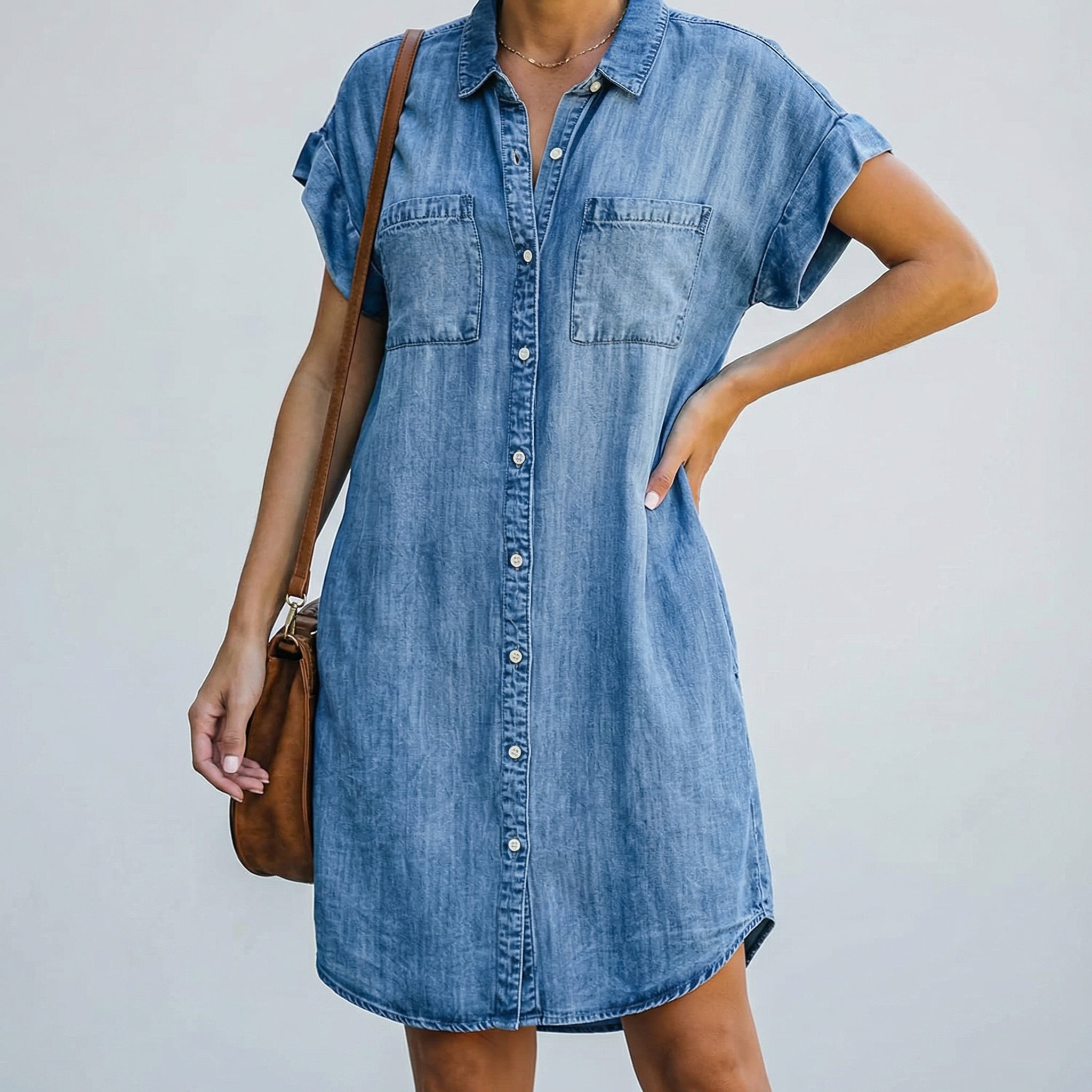 Vestito corto donna blu modello camicia con tasche sul petto e abbottonatura frontale