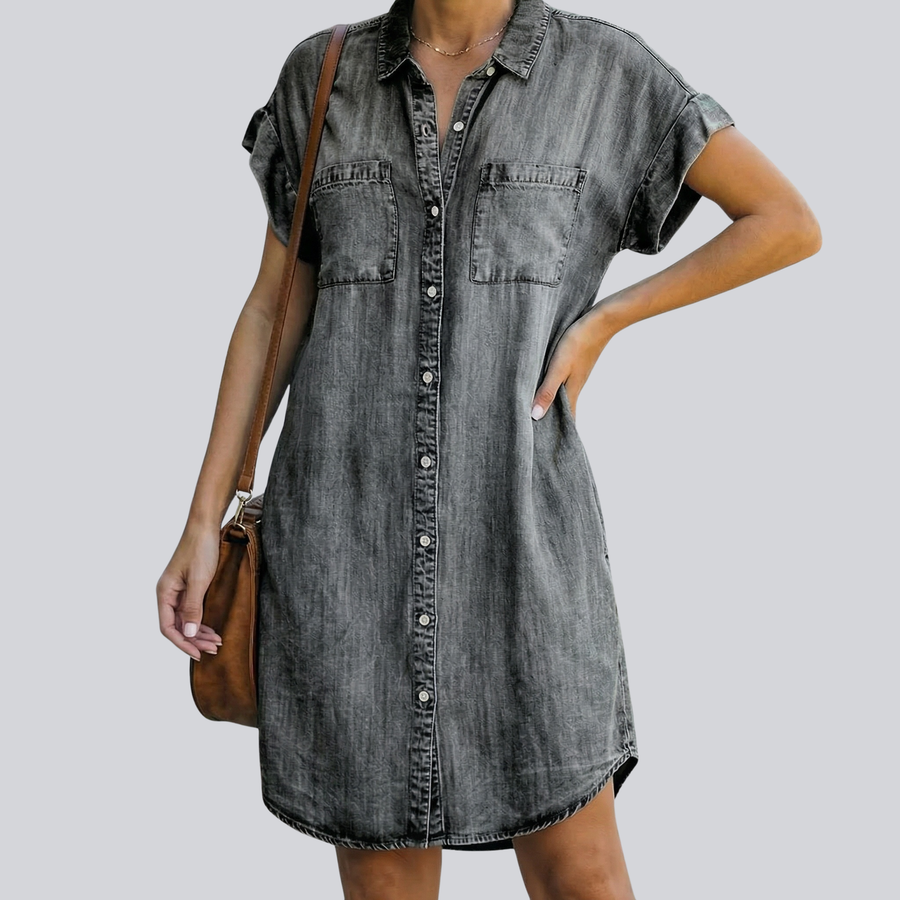 Vestito corto donna grigio effetto lavato con colletto classico e maniche corte con risvolto