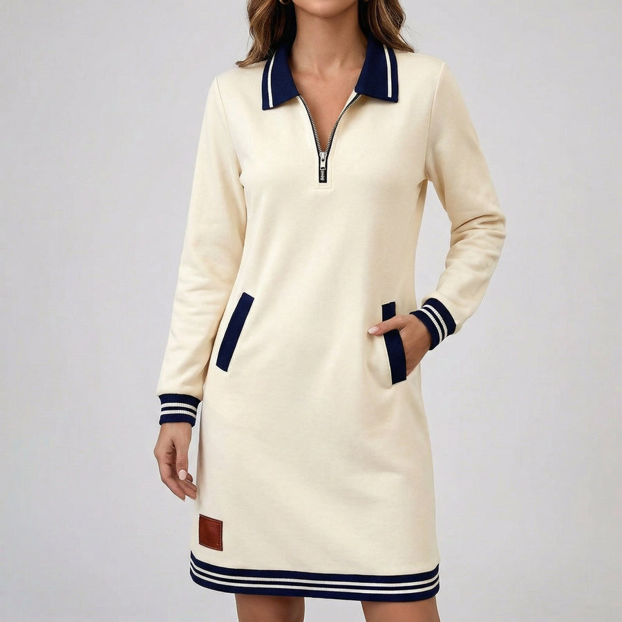 Vestito corto crema con colletto blu, zip e tasche profilate a contrasto