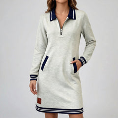 Vestito corto grigio melange con colletto blu a contrasto e zip centrale