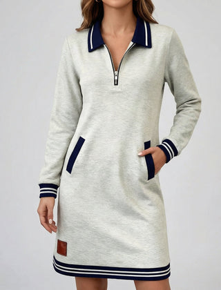 Vestito corto grigio melange con colletto blu a contrasto e zip centrale
