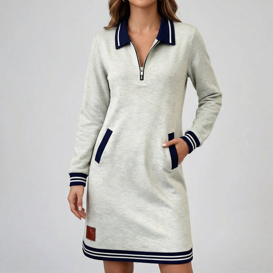 Vestito corto grigio melange con colletto blu a contrasto e zip centrale