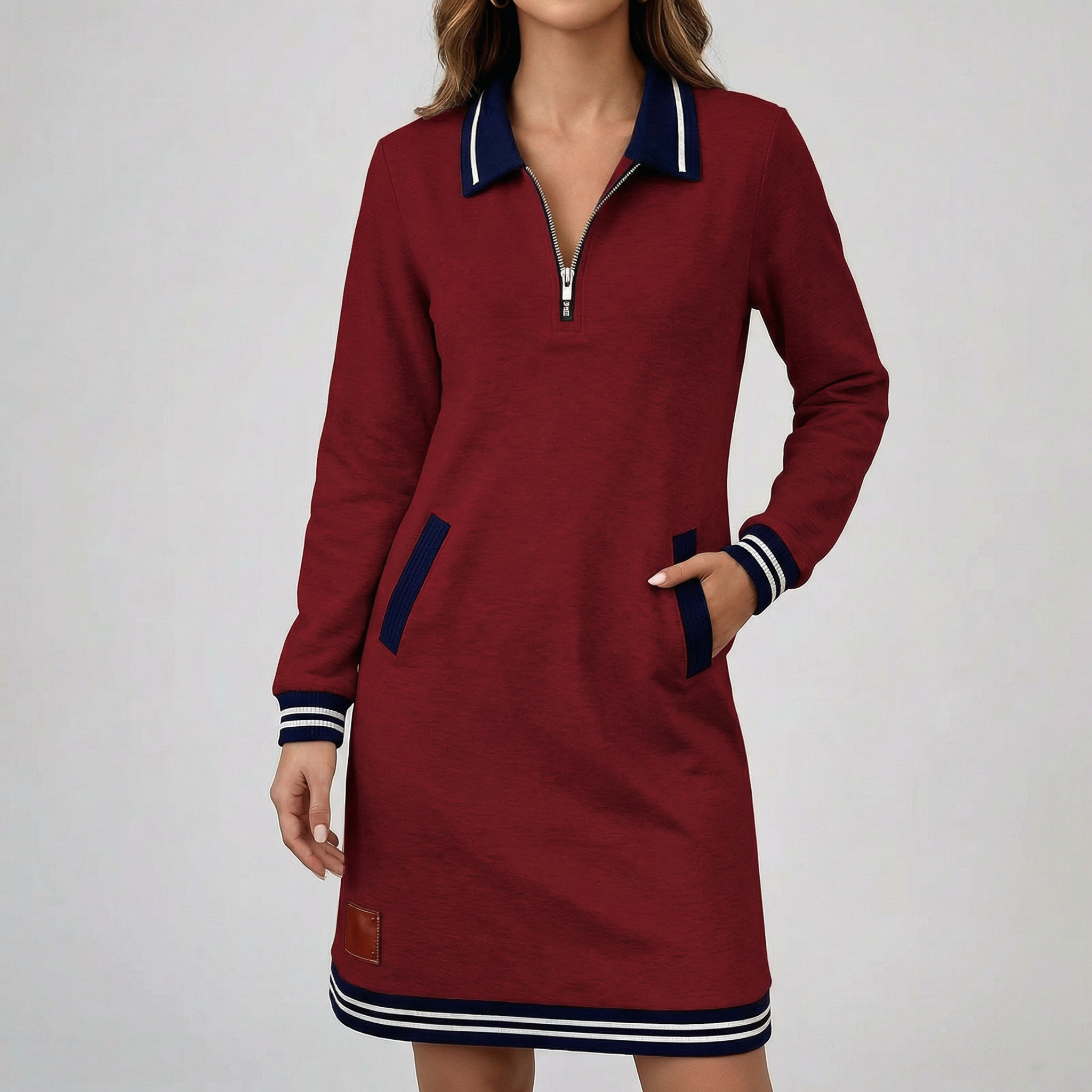 Vestito corto rosso con colletto blu, maniche lunghe e tasche laterali