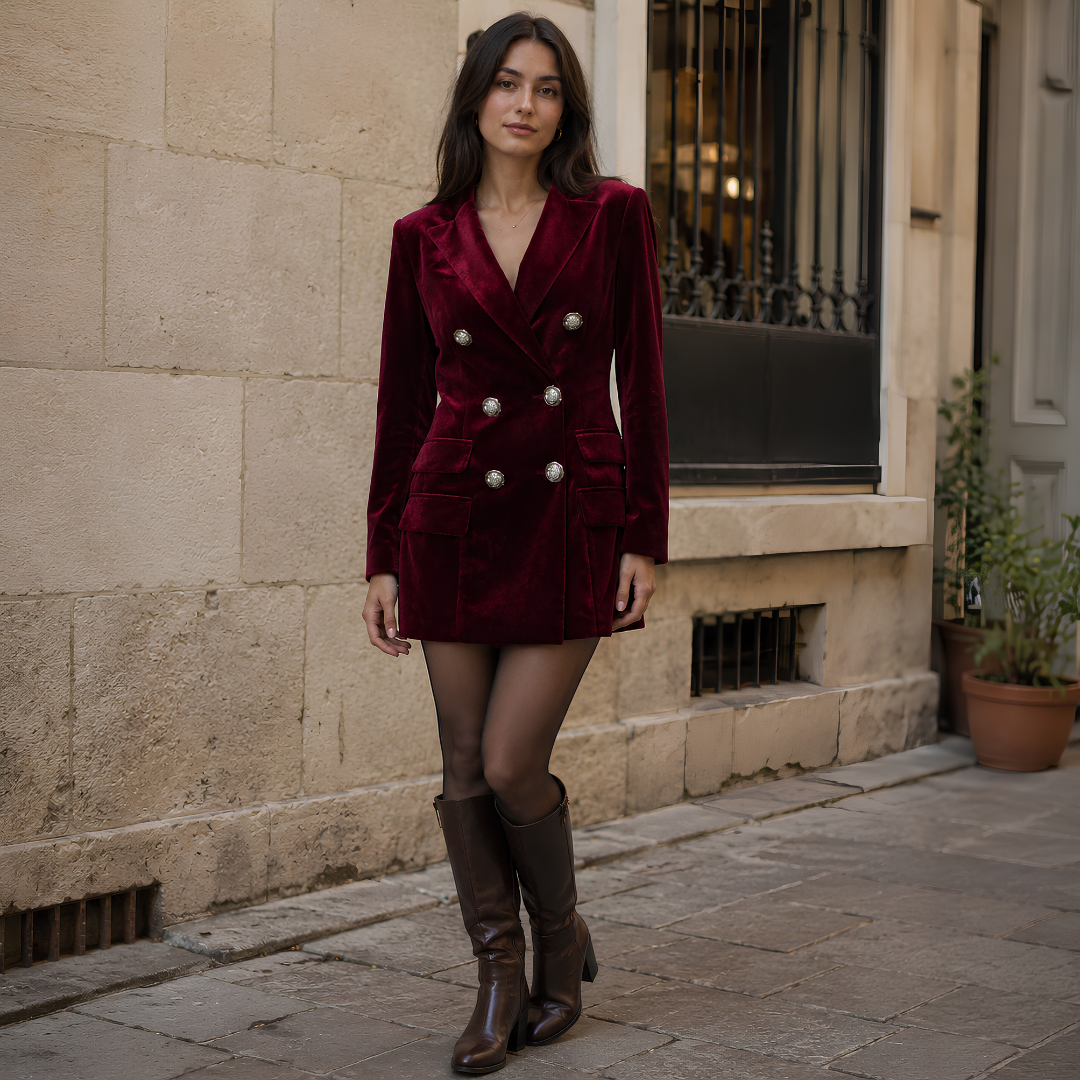 Vestito blazer bordeaux effetto velluto con doppiopetto e bottoni metallici, vista frontale intera
