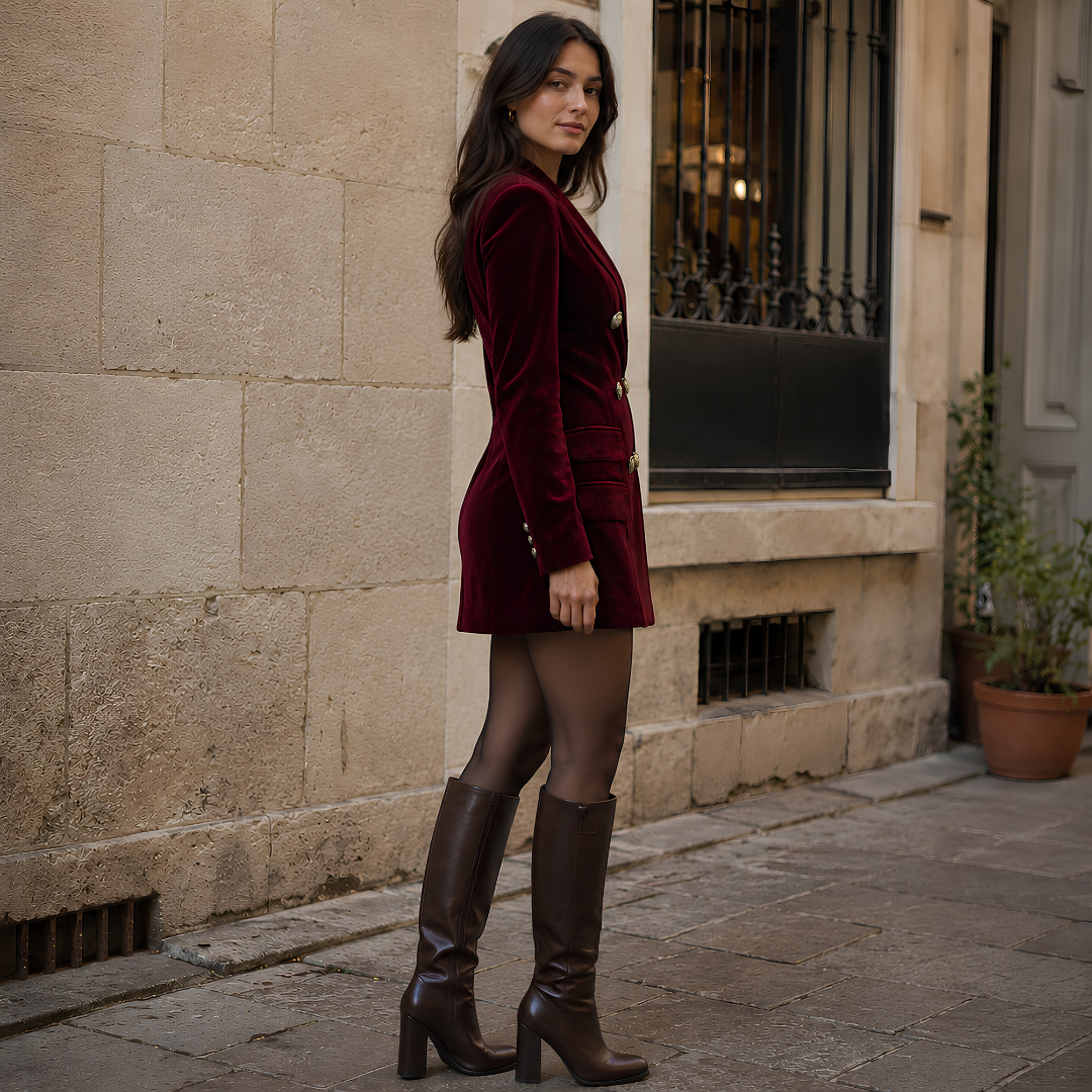 Vestito blazer bordeaux di profilo, bottoni metallici incisi e linea corta