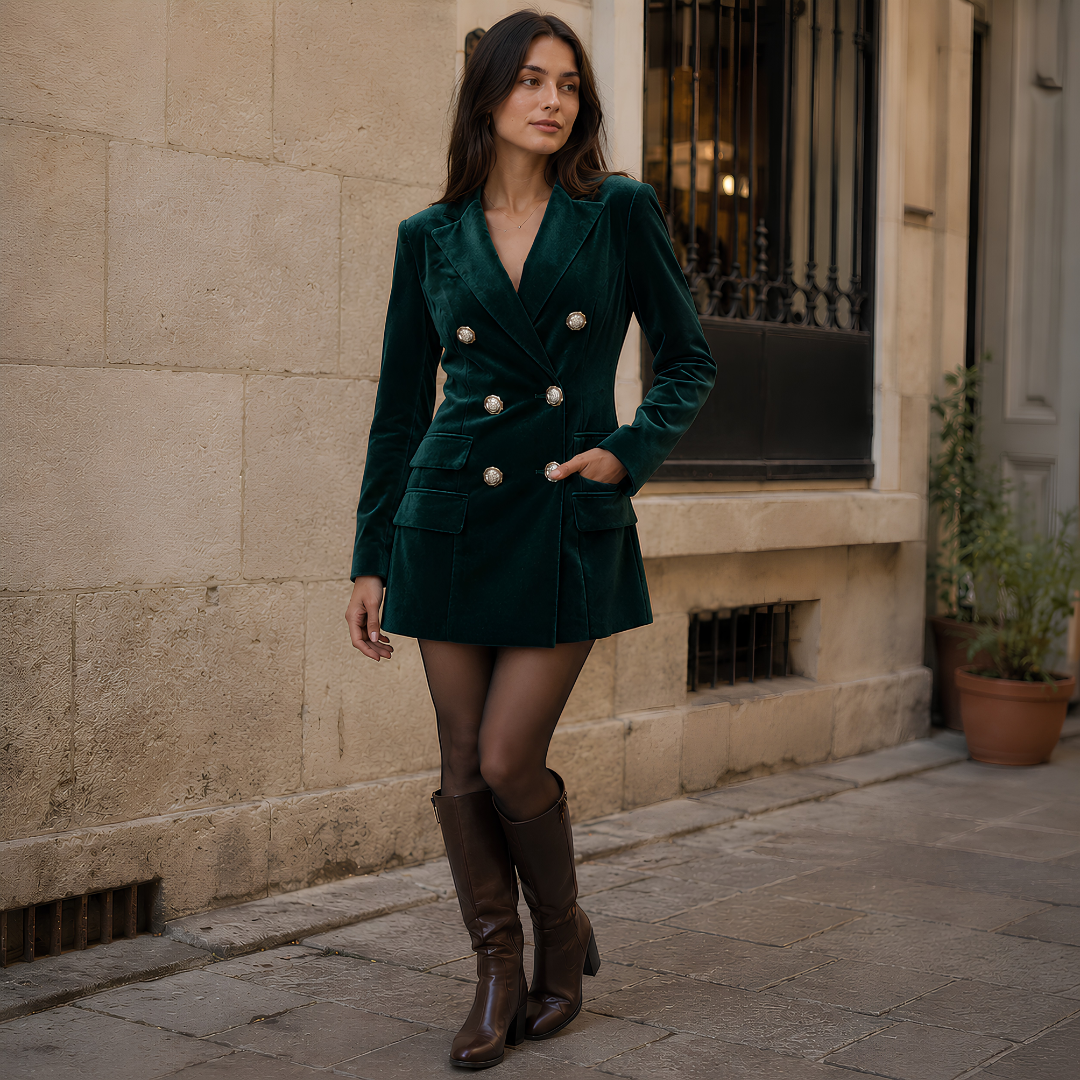 Vestito blazer verde scuro effetto velluto con doppiopetto e bottoni metallici chiari