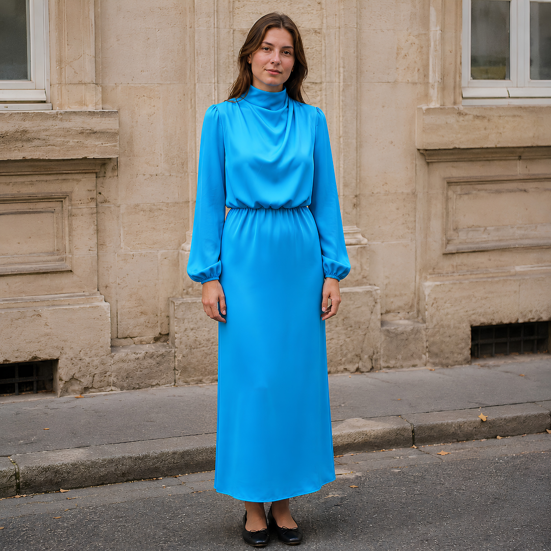 Vestito midi blu con collo alto drappeggiato, maniche a palloncino e gonna morbida