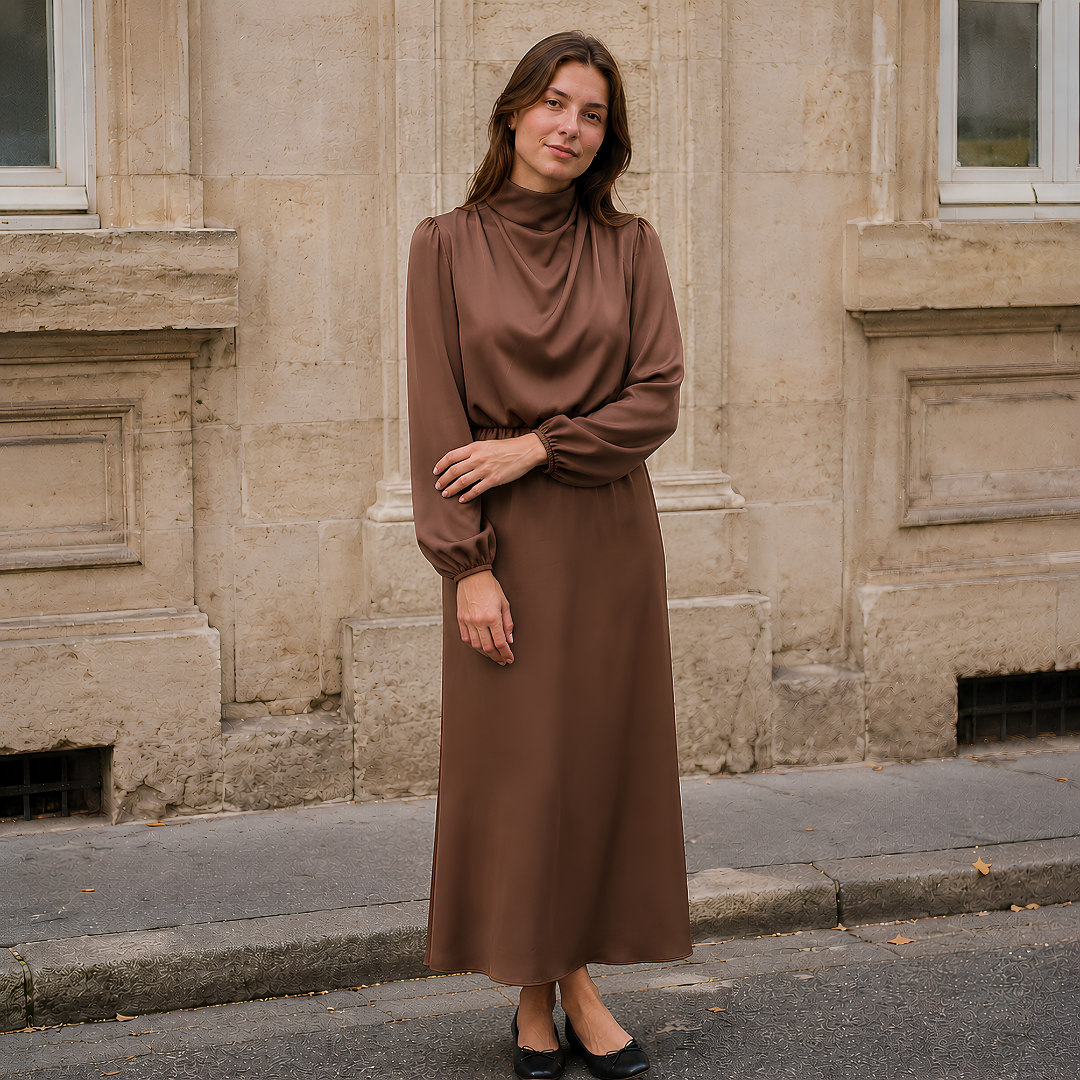 Vestito midi marrone con collo alto drappeggiato, maniche ampie e gonna svasata
