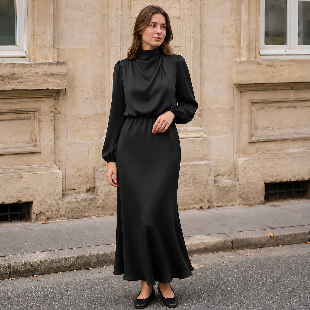 Vestito midi nero con maniche a palloncino, collo alto drappeggiato e gonna fluida
