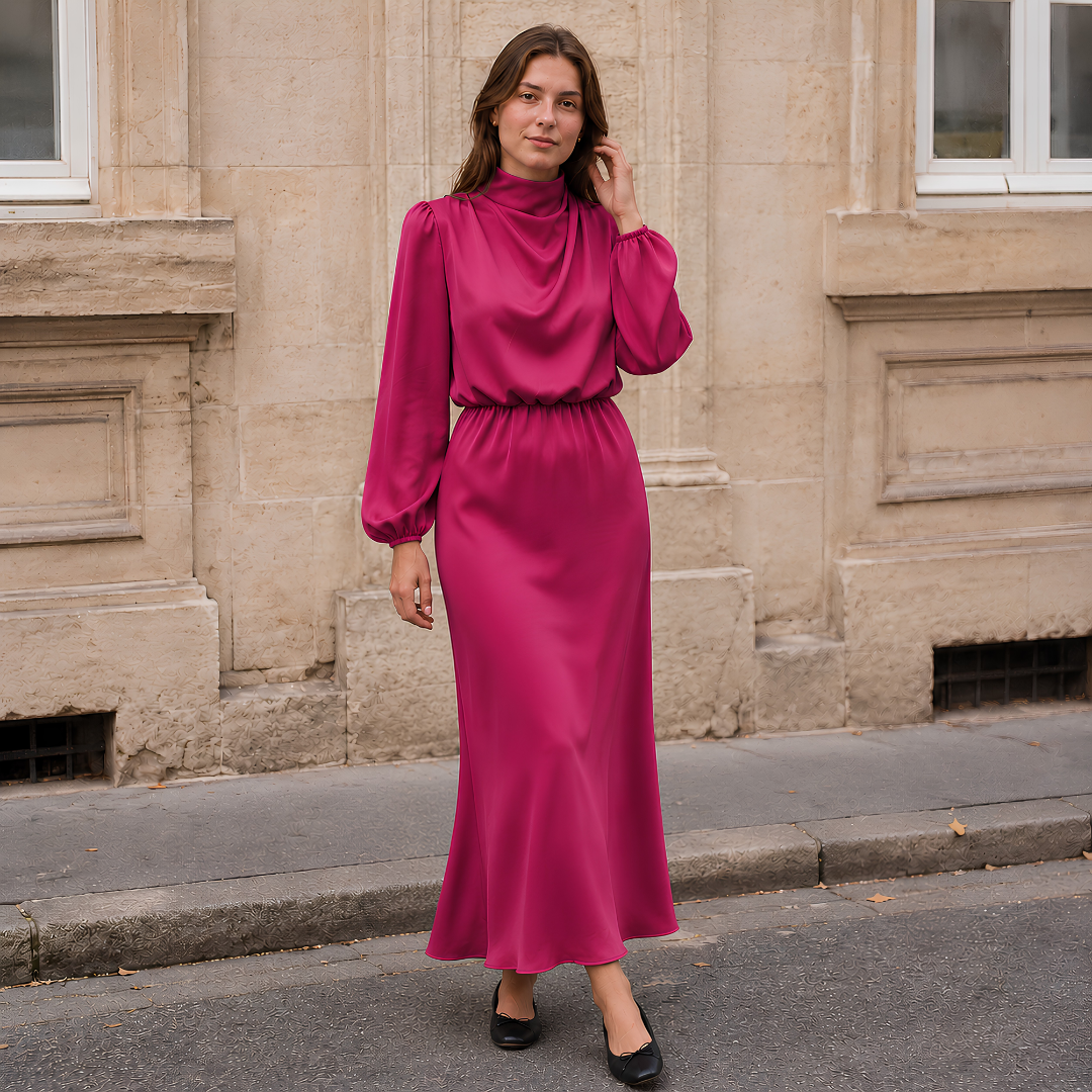 Vestito midi rosa intenso con collo alto drappeggiato e vita arricciata