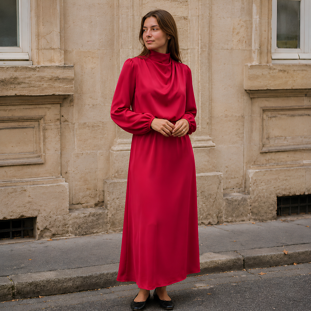 Vestito midi rosso con maniche a palloncino e gonna svasata lunga al polpaccio