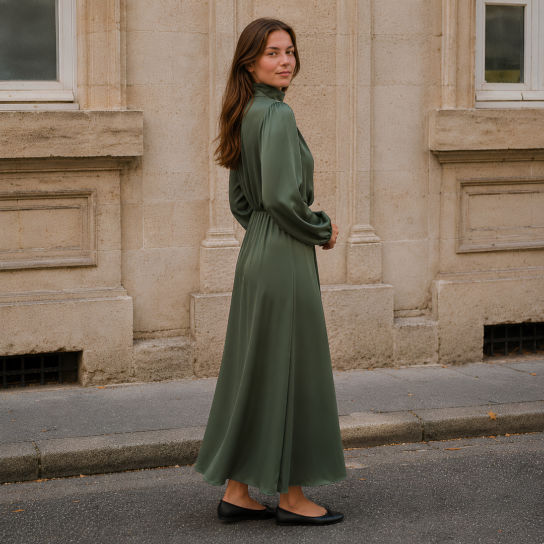 Vestito verde militare di profilo, gonna svasata midi e vita arricciata in evidenza