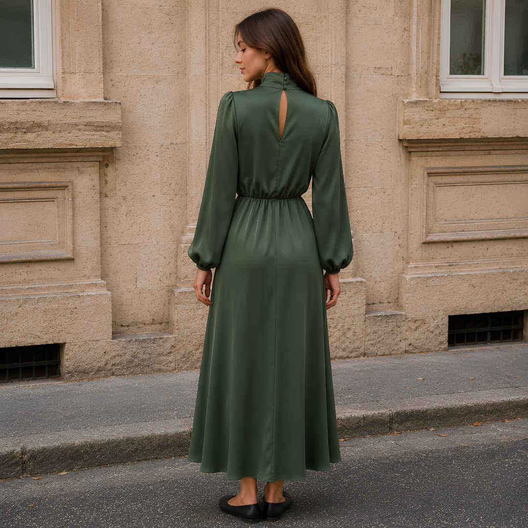 Retro del vestito verde militare con apertura a goccia e bottone sul collo alto