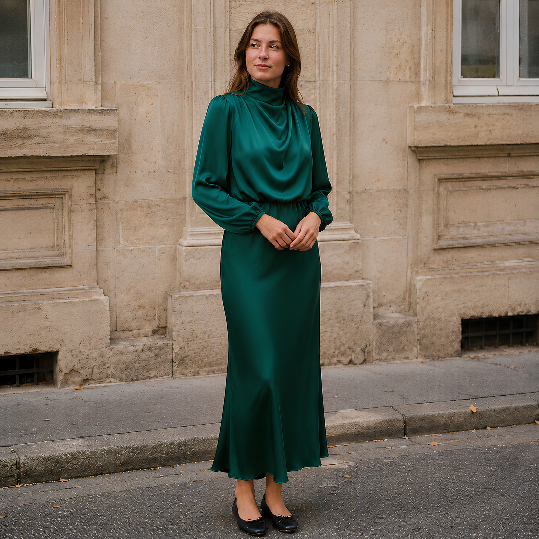 Vestito midi verde scuro con drappeggio sul collo e vita arricciata