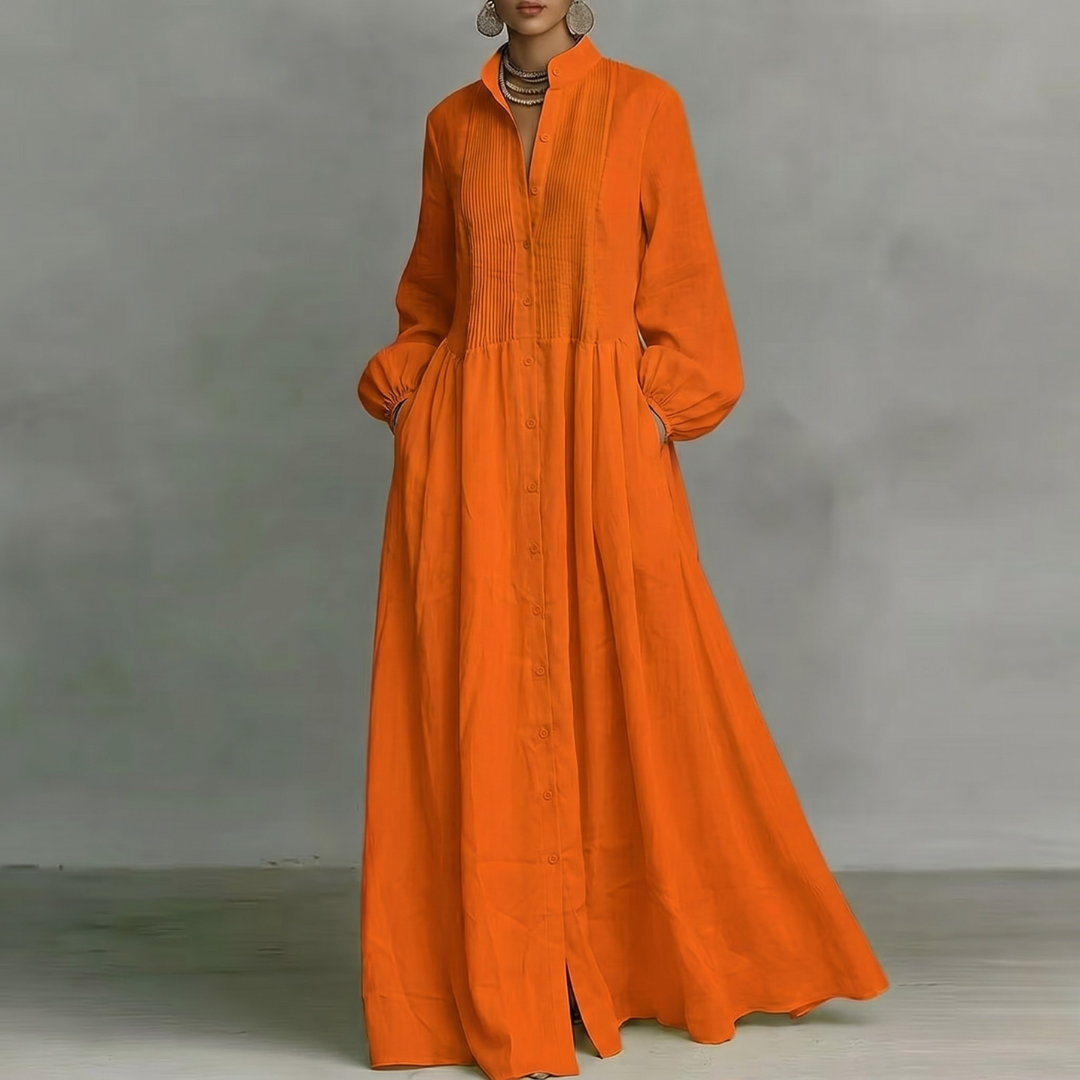 Vestito lungo arancione a camicia con maniche a palloncino e tasche laterali