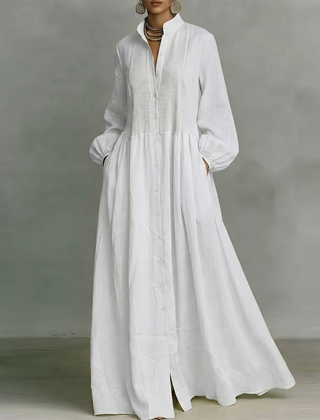 Vestito lungo bianco a camicia con collo coreano e abbottonatura frontale continua