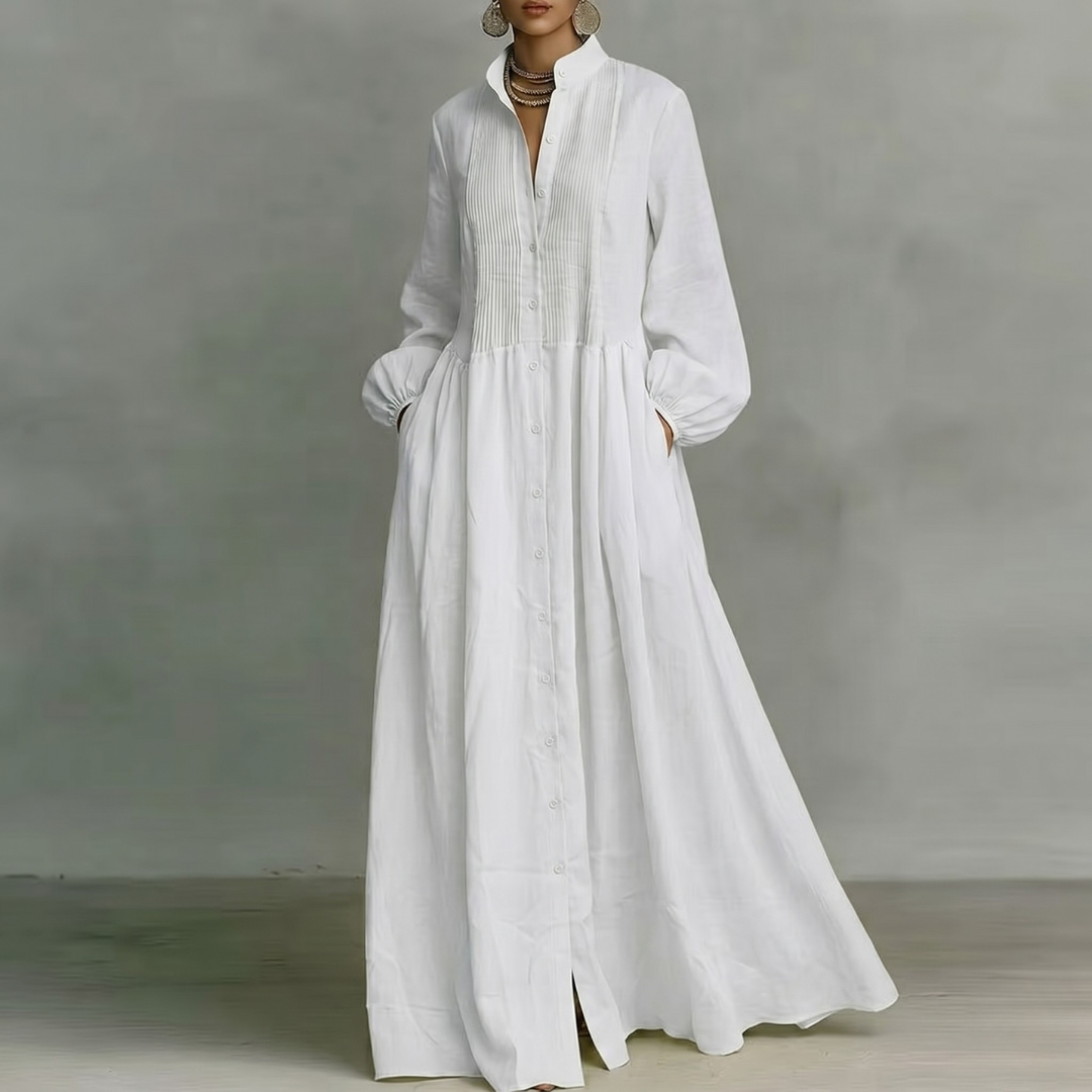 Vestito lungo bianco a camicia con collo coreano e abbottonatura frontale continua