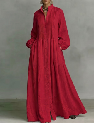 Vestito lungo rosso con collo coreano, bottoni frontali e polsini elasticizzati