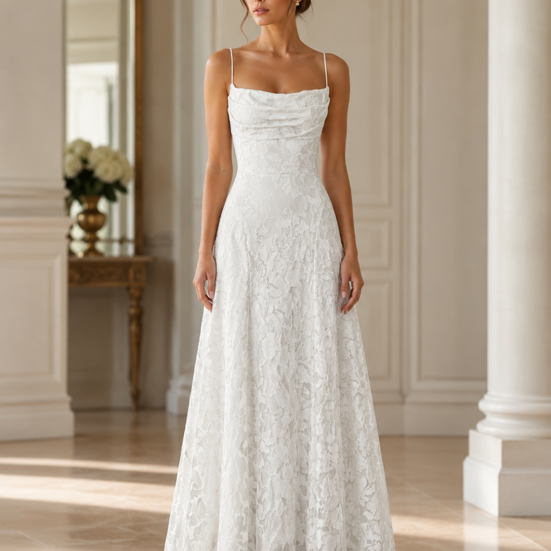 Vestito lungo bianco con corpetto drappeggiato e decoro floreale traforato in sala luminosa