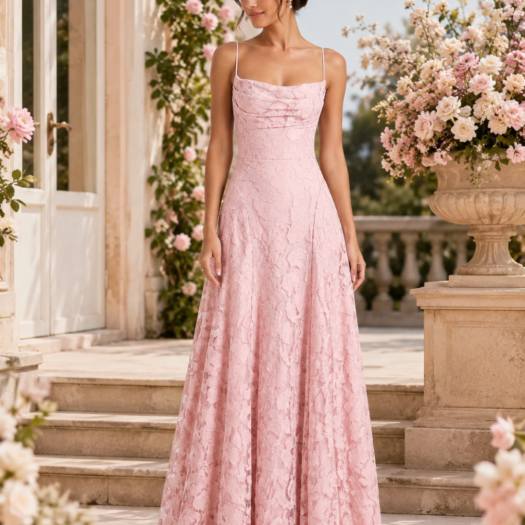 Vestito lungo rosa con fiori a rilievo e vita segnata su scalinata fiorita