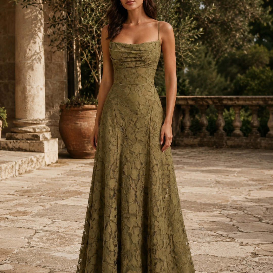 Abito lungo verde oliva con scollo drappeggiato e gonna fluida in terrazza mediterranea