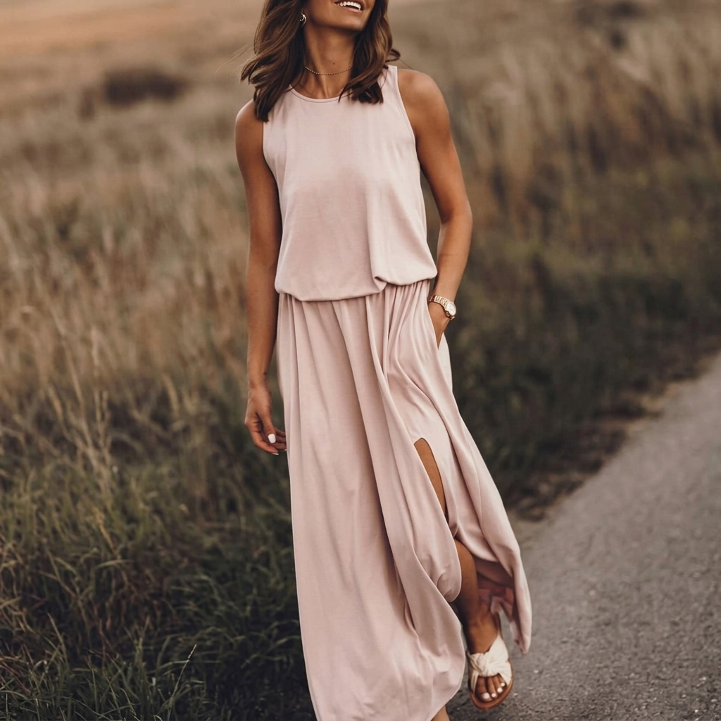 Vestito lungo beige senza maniche con spacco laterale e vita arricciata